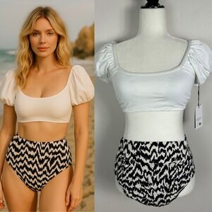 Knix Canada Your Puffy Sleeve Bikini White Ruched High Waist‎ Bottoms Two Piece